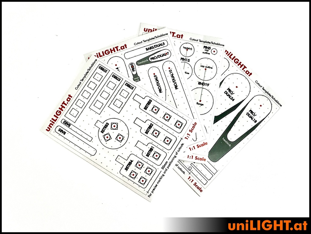Self-adhesive cut-out templates for uniLIGHT lights